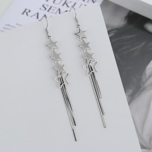 Brass Drop Earring, Star, plated, for woman, platinum color, 85mm, Sold By PC