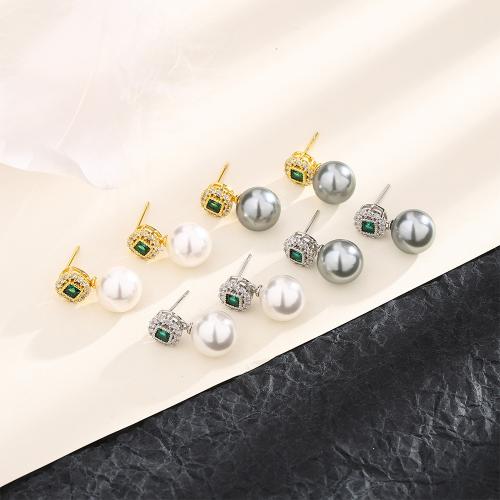 Befestiger Zirkonia Messing Ohrring, mit Kunststoff Perlen, plattiert, Micro pave Zirkonia & für Frau, keine, About 7 * 7 mm square, about 10 mm pearl, verkauft von Paar