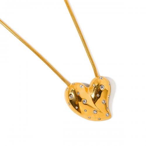 Collar de acero inoxidable de la joyería, acero inoxidable 304, con 5.5cm extender cadena, Corazón, 18K chapado en oro, para mujer & con diamantes de imitación, dorado, 25.40x27.30mm, Vendido para aproximado 44.5 cm Sarta