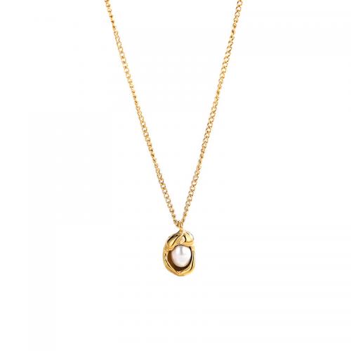 Titanová ocel náhrdelník, Titanium ocel, s Plastové Pearl, 18K pozlacené, módní šperky & pro ženy, zlatý, Prodáno za Cca 45 cm Strand