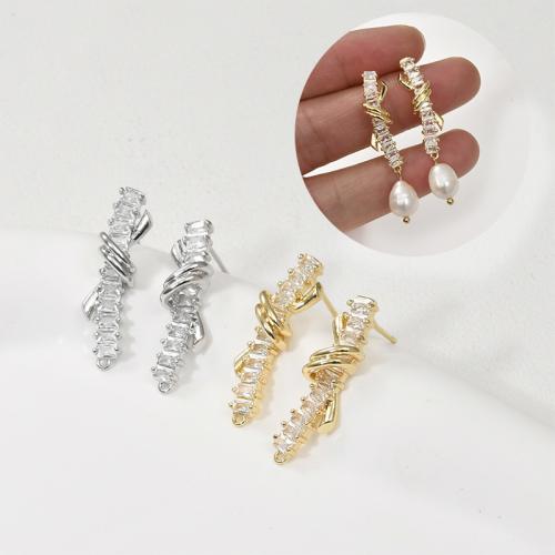 Brass Earring Stud Component plated DIY & micro pave cubic zirconia nickel lead & cadmium free Sold By Pair