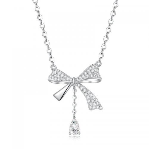 Cubic Zircon Micro Pave 925 Sterling Silver Necklace with 6CM extender chain Bowknot plated micro pave cubic zirconia & for woman platinum color Length Approx 41 cm Sold By PC