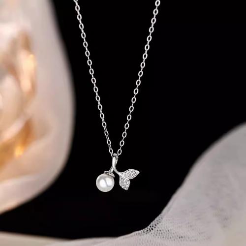 Cubic Zircon Micro Pave 925 Sterling Silver Necklace, with Plastic Pearl, with 5CM extender chain, plated, micro pave cubic zirconia & for woman, platinum color, Length:Approx 40 cm, Sold By PC