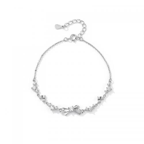 925 Sterling Silver Bangle Bracelet, with 3CM extender chain, Bowknot, plated, micro pave cubic zirconia & for woman, platinum color, Length:Approx 16 cm, Sold By PC