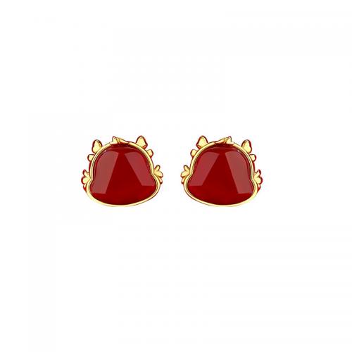 925 Sterling Silver Stud Earring with Red Agate Dragon gold color plated fashion jewelry & for woman Sold By Pair