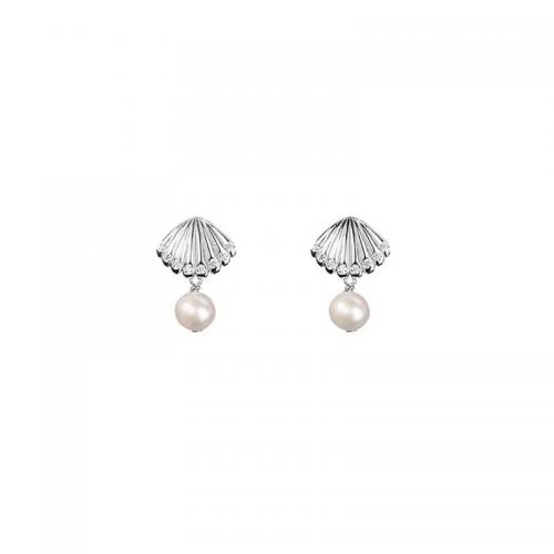 925 Sterling Silver Drop Earring, with Freshwater Pearl, Shell, plated, micro pave cubic zirconia & for woman, more colors for choice, 11.90x9.30mm, Sold By Pair