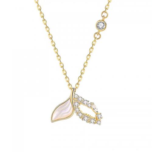 925 Sterling Silver Necklace, with White Shell, with 1.6inch extender chain, Mermaid tail, gold color plated, cross chain & micro pave cubic zirconia & for woman, Length:Approx 16.1 Inch, Sold By PC