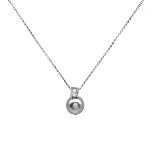 925 Sterling Silver Necklace with Glass Pearl Round platinum plated oval chain & micro pave cubic zirconia & for woman Length Approx 17.7 Inch Sold By PC