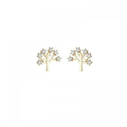 925 Sterling Silver Stud Earring, Tree, gold color plated, micro pave cubic zirconia & for woman, 9x8.50mm, Sold By Pair