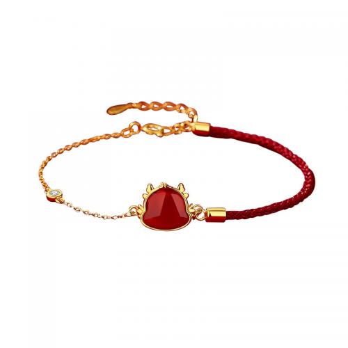 925 Sterling Silver Bracelet, with Polyester Cord & Red Agate, with 1.6inch extender chain, Dragon, gold color plated, fashion jewelry & for woman, Length:Approx 6.3 Inch, Sold By PC