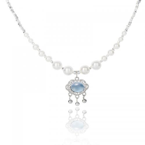 925 Sterling Sølv Halskæde, med Akvamarin & Glass Pearl, med 2inch extender kæde, Ruyi, mode smykker & for kvinde, Længde Ca. 15 inch, Solgt af PC