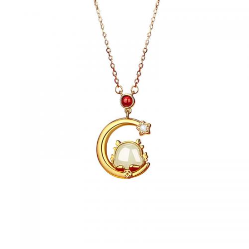 925 Sterling Silver Necklace, with Hetian Jade & Red Agate, with 2inch extender chain, Dragon, gold color plated, oval chain & micro pave cubic zirconia & for woman, Length:Approx 15.7 Inch, Sold By PC