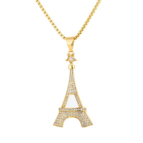 Jóias Pingentes de aço inoxidável, Aço inoxidável 316, Torre Eiffel, para mulher & com strass, dourado, 63x33mm, vendido por PC
