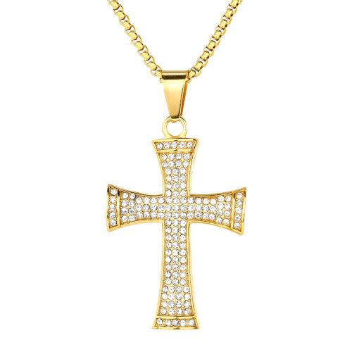 Stainless Steel Cross Pendants, 316 Stainless Steel, for woman & with rhinestone, golden, 36x56mm, Sold By PC