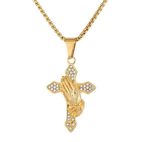 Stainless Steel Cross Pendants, 316 Stainless Steel, for woman & with rhinestone, golden, 31x47mm, Sold By PC