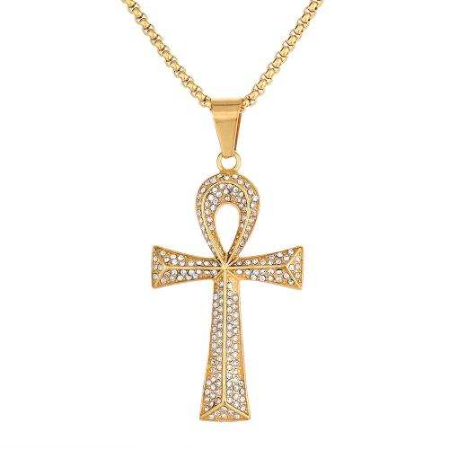 Colgantes Cruz de Acero Inoxidable, acero inoxidable 316, Cruces, para mujer & con diamantes de imitación, dorado, 34x61mm, Vendido por UD