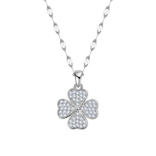 Brass with 5CM extender chain Four Leaf Clover silver color plated fashion jewelry & for woman & with rhinestone nickel lead & cadmium free Length 40 cm Sold By PC