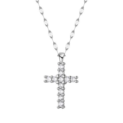 Titanium Steel Necklace, with 5CM extender chain, Cross, silver color plated, for woman & with rhinestone, Length:45 cm, Sold By PC