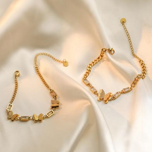 Bracelet d'acier titane, avec 5cm chaînes de rallonge, papillon, Placage, bijoux de mode & modèles différents pour le choix & pavé de micro zircon, doré, Longueur:17 cm, Vendu par PC