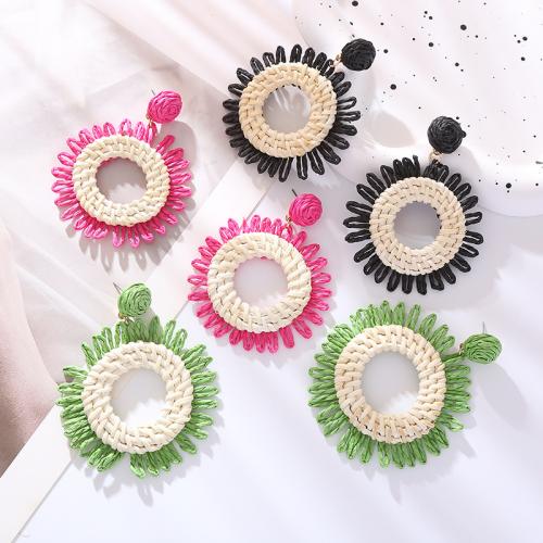 Tibetan Style Stud Earring, with Rafidah Grass, Flower, handmade, fashion jewelry & for woman & hollow, more colors for choice, nickel, lead & cadmium free, 80x60mm, Sold By Pair