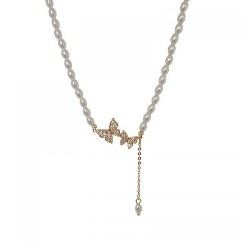 Collier de bijoux en alliage de zinc, avec perle de plastique, avec 5CM chaînes de rallonge, Placage, pavé de micro zircon & pour femme, jaune d'or, Longueur:Environ 45 cm, Vendu par PC