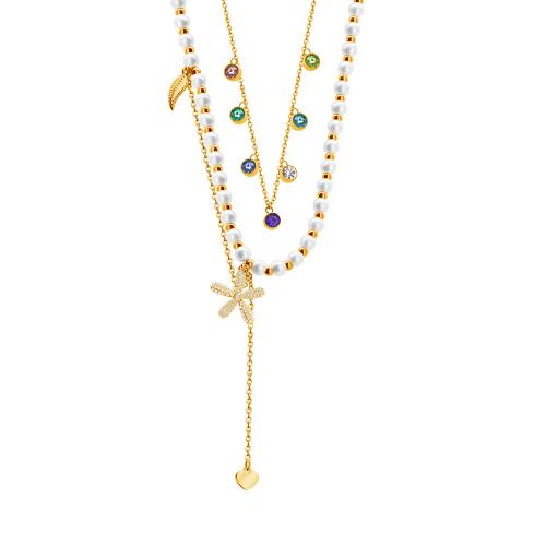 Edelstahl Schmuck Halskette, 304 Edelstahl, mit Kunststoff Perlen, mit Verlängerungskettchen von 5CM, plattiert, Micro pave Zirkonia & für Frau, keine, verkauft von PC