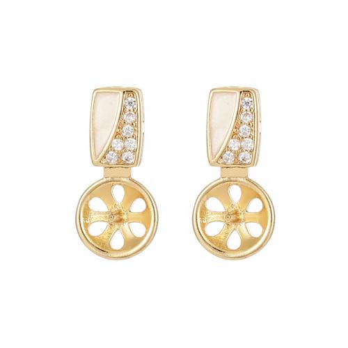 Brass Earring Stud Component with White Shell plated DIY & micro pave cubic zirconia golden Sold By Pair