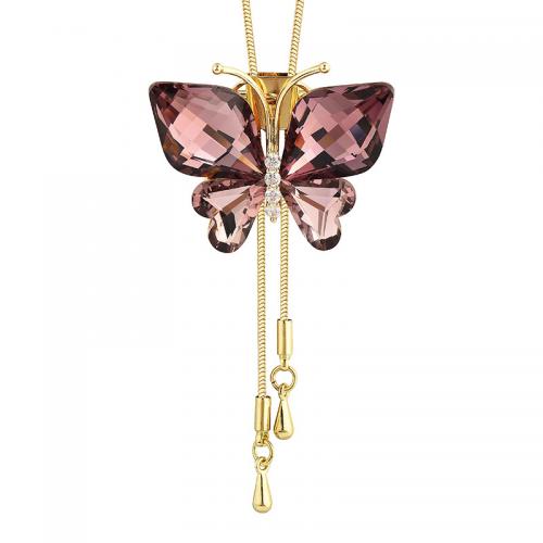 цинковый сплав Свитер ожерелье, с Кристаллы, бабочка, плакирован золотом, многофункциональный & Женский & со стразами, длина:Приблизительно 35.4 дюймовый, продается PC