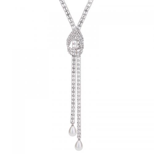 цинковый сплав Свитер ожерелье, с Shell Pearl & Кристаллы, Геометрический узор, плакирован серебром, Женский & со стразами, длина:Приблизительно 28.3 дюймовый, продается PC