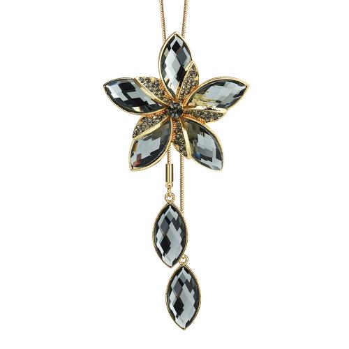 цинковый сплав Свитер ожерелье, с Кристаллы, Форма цветка, плакирован золотом, змея цепи & Женский & со стразами, длина:Приблизительно 34.6 дюймовый, продается PC
