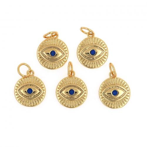Evil Eye Pendants Brass Flat Round 18K gold plated fashion jewelry & DIY & micro pave cubic zirconia blue nickel lead & cadmium free Sold By PC