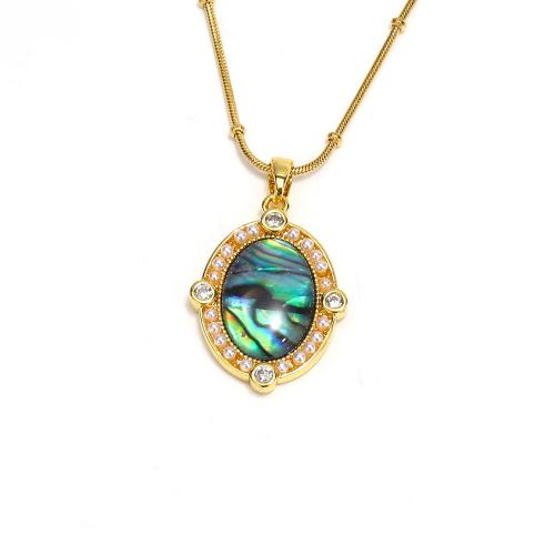 Titanium Steel Necklace, with Abalone Shell & Plastic Pearl, fashion jewelry & micro pave cubic zirconia & for woman, golden, 27x17mm, Length:Approx 40 cm, Sold By PC