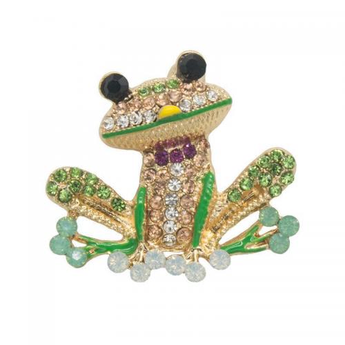 Zinc Alloy Brooches Frog gold color plated enamel & with rhinestone green nickel lead & cadmium free Sold By PC