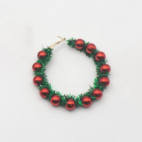 Zinklegierung Ohrringe, mit Kunststoff Perlen, rund, goldfarben plattiert, Weihnachts-Design & für Frau, rot, frei von Nickel, Blei & Kadmium, 55x55mm, verkauft von Paar