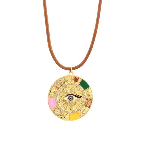 Evil Eye Jewelry Necklace, Brass, with leather cord, with 5CM extender chain, Round, gold color plated, different styles for choice & micro pave cubic zirconia & for woman & enamel, more colors for choice, nickel, lead & cadmium free, Length:50 cm, Sold By PC