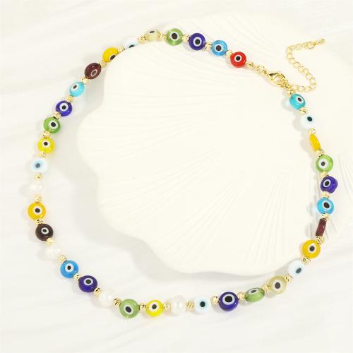 Evil Eye Jewelry Necklace Brass with Freshwater Pearl & Resin with 5CM extender chain Round gold color plated fashion jewelry & for woman multi-colored nickel lead & cadmium free Length 45 cm Sold By PC