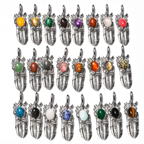 Gemstone Pendants Jewelry Natural Stone with Zinc Alloy Feather DIY Sold By PC