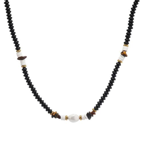 Ожерелья из драгоценных камней, Нержавеющая сталь 304, с Природный камень & Агат & Стеклянный, Связанный вручную, Женский, черный, продается PC