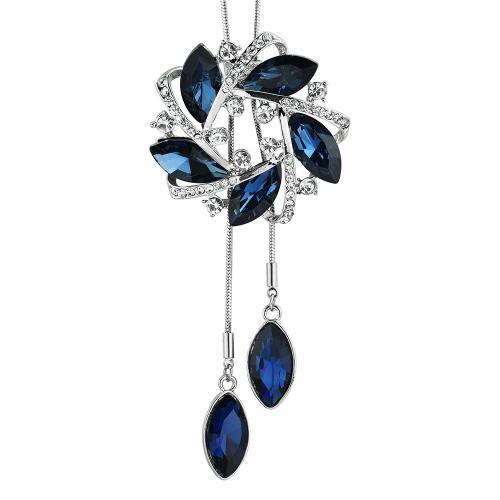 цинковый сплав Свитер ожерелье, с Кристаллы, Форма цветка, плакирован серебром, змея цепи & Женский & со стразами, длина:Приблизительно 33.9 дюймовый, продается PC