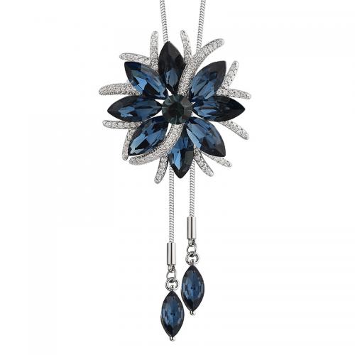 цинковый сплав Свитер ожерелье, с Кристаллы, Форма цветка, плакирован серебром, змея цепи & Женский & со стразами, длина:Приблизительно 35.4 дюймовый, продается PC