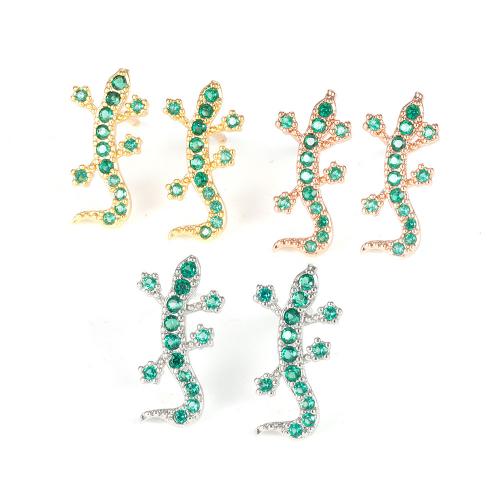 Brass Stud Earring, Gecko, plated, micro pave cubic zirconia & for woman, more colors for choice, 10x15mm, Sold By Pair