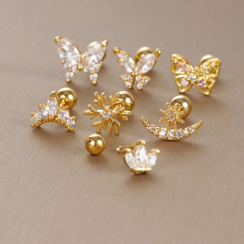 304 Stainless Steel Piercing Earring, gold color plated, different styles for choice & micro pave cubic zirconia & for woman, earring length 6-10mm, Sold By PC