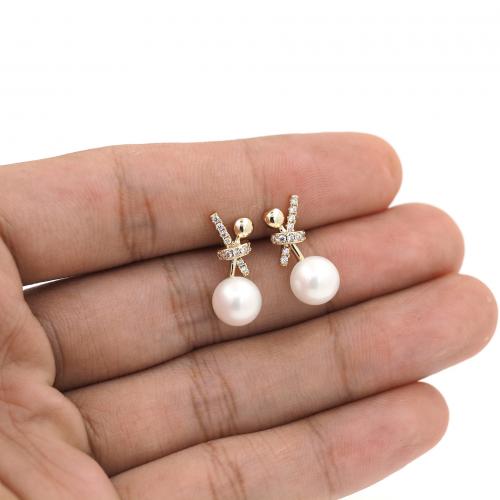Cubic Zirconia Micro Pave Brass Earring, with Plastic Pearl, 18K gold plated, fashion jewelry & micro pave cubic zirconia & for woman, white, nickel, lead & cadmium free, 7x18mm, Sold By Pair