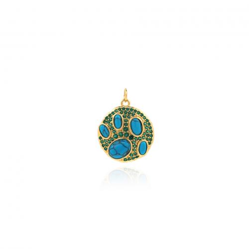 Cubic Zirconia Micro Pave Brass Pendant, with Turquoise, Flat Round, 18K gold plated, fashion jewelry & DIY & micro pave cubic zirconia, mixed colors, nickel, lead & cadmium free, 25.50x19.50x5mm, Sold By PC