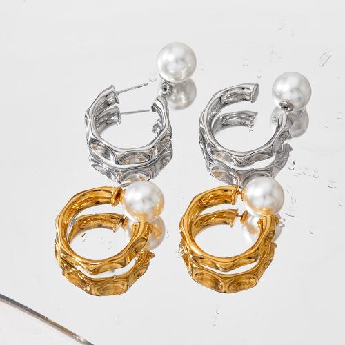 Stainless Steel Stud Earrings, 304 Stainless Steel, with Plastic Pearl, Vacuum Ion Plating, fashion jewelry & for woman, more colors for choice, 30x7.20mm, Sold By Pair