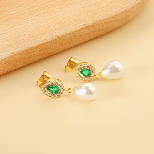 Stainless Steel Drop Earring 304 Stainless Steel with Plastic Pearl Vacuum Ion Plating & for woman & with rhinestone golden Sold By Pair