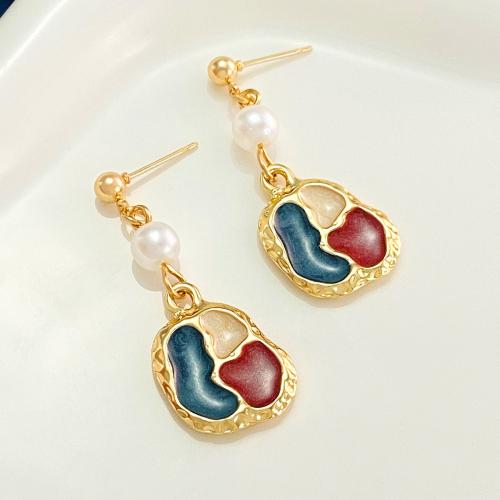 Zinc Alloy Drop Earrings with Plastic Pearl & for woman & enamel & with rhinestone nickel lead & cadmium free Sold By Pair