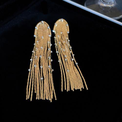 Fashion Fringe Brincos, cobre, cromado de cor dourada, para mulher & com strass, níquel, chumbo e cádmio livre, 18x84mm, vendido por par