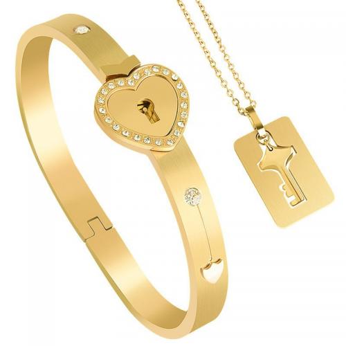 Titanium Steel Jewelry Set bangle & necklace plated fashion jewelry & for couple & with rhinestone Length 45 cm Sold By Set