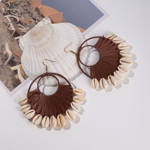 Tibetan Style Drop Earrings, with Rafidah Grass & Shell, fashion jewelry & for woman, more colors for choice, nickel, lead & cadmium free, 110x70mm, Sold By Pair
